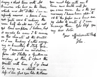 Brev till sin lillasyster Fanny Keats, där han nämner att han är gäst hos fru Brawne, sin sjukdom, sina planer på att besöka Italien och inbjudan att tillbringa vintern i Pisa med Shelley, wr